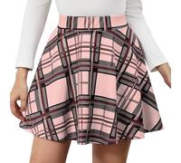 Zeagoo Rock Damen Basic Mini Skater Rock Vielseitige Dehnbaren Hohe Taille A-Linie Kurze Röcke Karierter Faltenrock Rosa S