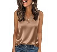 Zeagoo Satin Tank Top Damen Sommer Ärmellose Tanktops Elegant V-Ausschnitt Seidentop Basic Cami Camisole Lässige Unterhemden Satinbluse Kamel M
