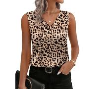Zeagoo Satin Top Damen Elegant Seidentop V-Ausschnitt Tank Top Basic Blusentops Läsige Ärmellose Satinbluse Oberteile Leopard XXL