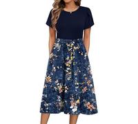 Zeagoo Sommerkleider Damen Floral Sommer Wickelkleid Knielang Casual Strandkleid Elegant Rundhals Midikleid Kurzarm Freizeit Kleider mit Taschen FloralC S