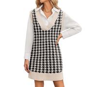 Zeagoo Strick Weste Kleid Damen Strickkleid Pullunder Kleid Ärmellos V-Ausschnitt Elegant Herbst Winter Outfit Büro Freizeit Weiches Pulloverkleid Strick Pinafore Damen Hahnentritt Kariert XL