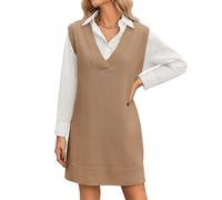 Zeagoo Strick Weste Kleid Damen Strickkleid Pullunder Kleid Ärmellos V-Ausschnitt Knielang Elegant Herbst Winter Outfit Büro Freizeit Weiches Pulloverkleid Strick Pinafore Damen Hell Braun XL
