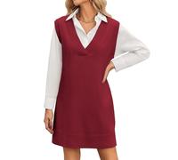 Zeagoo Strick Weste Kleid Damen Strickkleid Pullunder Kleid Ärmellos V-Ausschnitt Knielang Elegant Herbst Winter Outfit Büro Freizeit Weiches Pulloverkleid Strick Pinafore Damen Rot XL