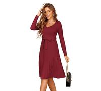 Zeagoo Strickkleid Damen Langarm V-Ausschnitt Pulloverkleid A-Linie Plissee Kleider Elegant Einfarbig Tunika Kleid mit Gürtel für Herbst Winter Weinrot M