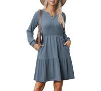 Zeagoo Strickkleid Langarm Kleider Damen Herbst Winter V-Ausschnitt Pulloverkleid A Linie Elegant Herbstkleid Geripptes Kleid Mit Taschen Hellblau XXL