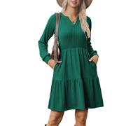 Zeagoo Strickkleid Langarm Kleider Damen Herbst Winter V-Ausschnitt Pulloverkleid A Linie Elegant Herbstkleid Geripptes Kleid Mit Taschen Grün XXL
