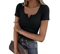 Zeagoo T Shirt Damen Geripptes Oberteile Schwarzes Henley Shirts Kurzarm Eng Basic Ribbshirt Sommer Tops Schwarz L