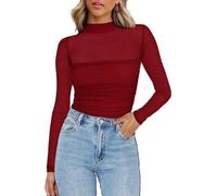 Zeagoo Transparentes Oberteil Damen Netzoberteil Rundhal Langarm Mesh Shirt Sexy Party Tops Netz Clubwear Slim Fit Langarmshirt Rotwein M