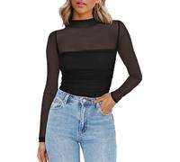 Zeagoo Transparentes Oberteil Damen Netzoberteil Rundhal Langarm Mesh Shirt Sexy Party Tops Netz Clubwear Slim Fit Langarmshirt Schwarz M