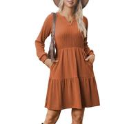 Zeagoo Winterkleider für Frauen A Linie Strickkleid Langarm Herbst Kleid V-Ausschnitt Skaterkleid Leichte Midi Pulloverkleid Braun XL