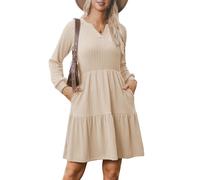 Zeagoo Winterkleider für Frauen A Linie Strickkleid Langarm Herbst Kleid V-Ausschnitt Skaterkleid Leichte Midi Pulloverkleid Beige XL