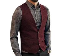 Zeattall Herren-Anzugweste aus Tweed, Wolle, einreihig, schmale Passform, Weste, Burgunder, XX-Large