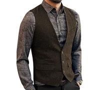 Zeattall Herren-Anzugweste aus Tweed, Wolle, einreihig, schmale Passform, Weste, Coffee, Medium