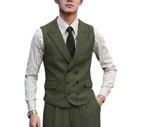Zeattall Herren Westen Wolle Fischgrätenmuster Tweed Anzug Weste Zweireiher Weste, Grün (Army Green), X-Large