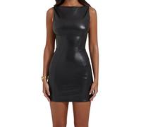 Zebaexf Figurbetontes Damenkleid aus Kunstleder, Mini-Schwarz, Mittel