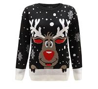 ZEE Fashion Damen Pullover mit Rundhalsausschnitt, Langarm, Acryl, Weihnachten, Casual, Rudolph / Black, Grafik