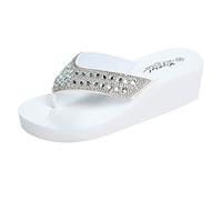 Zehentrenner Damen Weiß Perlen, Keilsandalen Damen Plateau Flip Flop Strass Glänzend Hausschuhe Elegant Slides Sommer Badeschuhe Hochzeit Strandsandalen Rutschfest Plateau Sandalen/Sandaletten