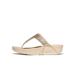 Zehentrenner FITFLOP "LULU CRYSTAL-MIX METALLIC TOE-POST SANDALS", Damen, Gr. 40, beige (natur, braun), Synthetik, Glitzer, metallic, Schuhe Zehentrenner, Keilabsatz, Plateauschuh, Dianette mit mehrfa