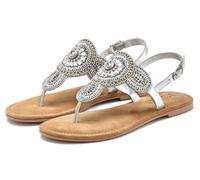 Zehentrenner LASCANA "Sandale, Pantolette" Gr. 38, silberfarben Damen Schuhe Zehenstegsandale Damenschuh Riemchensandale Sommerschuh Zehensteg-Sandalen mit aufwendiger Verzierung in Glitzer-Optik und softer Lederinnensohle (63044249-38)