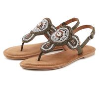 Zehentrenner LASCANA, Damen, Gr. 42, grün (olivgrün), Obermaterial: 80% Synthetik, 20% Schafsleder. Futter: 100% Schafsleder. Decksohle: 100% Ziegenleder. Laufsohle: 100% Synthetik, bestickt, feminin,