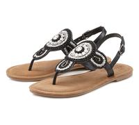 Zehentrenner LASCANA "Sandale, Pantolette" Gr. 42, schwarz Damen Schuhe Zehenstegsandale Damenschuh Riemchensandale Sommerschuh Zehensteg-Sandalen mit aufwendiger Verzierung in Glitzer-Optik und softer Lederinnensohle (79987813-42)