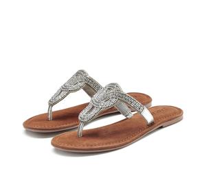 Zehentrenner LASCANA "Sandale, Pantolette, Sommerschuh", Damen, Gr. 39, silber (silberfarben), Obermaterial: 50% Synthetik, 50% Textilmaterial. Decksohle: 100% Ziegenleder. Futter: 100% Schafsleder. L
