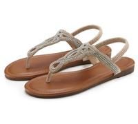 Zehentrenner LASCANA "Sandale, Pantolette" Gr. 37, beige Damen Schuhe Sommerschuh Zehenstegsandale Zehensteg-Sandalen Sandale mit Schmucksteinen in Glitzer-Optik VEGAN Bestseller (37240511-37)