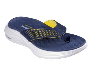 Zehentrenner SKECHERS "VAPOR FOAM SANDAL - SAYTO", Herren, Gr. 47,5, navy, gelb, Lederimitat, kontrastfarbene Details, Schuhe Zehentrenner, Strandschuh, Urlaubsschuh, Sommerschuh mit Memory Foam (2051