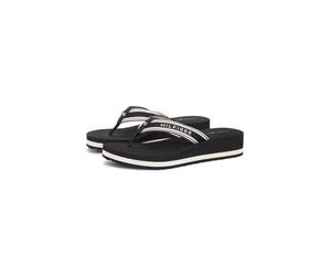 Zehentrenner TOMMY HILFIGER "TH FLAG PRINT SUMMER SANDAL", Damen, Gr. 35, schwarz-weiß (schwarz), Textil, Schuhe Zehentrenner, Keilabsatz, Plateau, Sommerschuh, Dianette mit gestreifter Bandage (61477