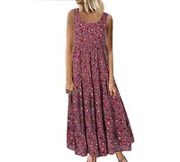 Zeiayuas Ärmellos Baumwoll Damen Kleider Freizeit Lose Sommerkleid Lang Boho Maxikleid für Rundhals Strandkleid Blumenkleid Leinenkleider GroßE GrößEn Baumwolle Kleid Damen Lang Cotton Dress