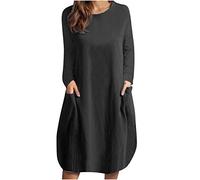Zeiayuas Damen Baumwolle Kleid Lang Freizeitkleider Große Größe Leinenkleid mit Langarm Rundhalsausschnitt Cocktailkleid Herbst Sommer Baumwolle Leinen Partykleid Strandkleid Festliche Kleider