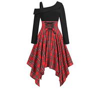 Zeiayuas Damen Gothic Kleid mit Schnürung und Unregelmäßiger Saum, One-Shoulder Langarm Minikleid mit Definierter Taille und Kariert Muster, Schicke Patchwork Partykleid für Halloween Cosplay