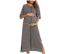 Zeiayuas Damen Langes Nachthemd, Sexy Nachthemd aus Baumwolle Damen Nachthemd Casual Langes Morgenmantel Halbarm Nachthemden mit Reißverschluss Nachtwäsche mit Taschen Loungewear