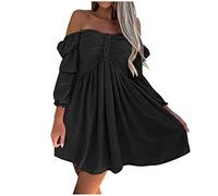 Zeiayuas Kleid Damen Elegant Chiffonkleid Sexy Carmen-Ausschnitt Kleider Einfarbig Fließende Minikleid mit Laternenhulse, Temperament Oversized Strandkleid für Urlaub