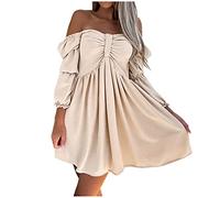 Zeiayuas Kleid Damen Elegant Chiffonkleid Sexy Carmen-Ausschnitt Kleider Einfarbig Fließende Minikleid mit Laternenhulse, Temperament Oversized Strandkleid für Urlaub