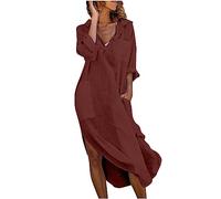 Zeiayuas Sommerkleider Damen Leicht Kaftan Kleid Damen Sommer Baumwolle Langarm Maxi Leinenkleid mit Taschen Lose V-Ausschnitt Falten Leinen Boho Lässiges Lang Freizeitkleid Retro Cotton Dress