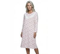 Zeitlos Nachthemd Damen Langarm Helene mit Chrysanthemen M-6XL Schlafshirt kleine Knopfleiste mit Raffung an der Brust, Farbe:Creme, Größe:5XL