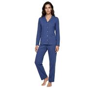 Zeitlos Schlafanzug Damen Langarm Pyjama Kussmund Knöpfe Baumwolle M-2XL, Farbe:blau, Größe:XL
