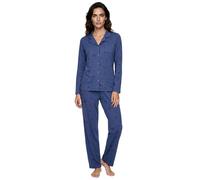 Zeitlos Schlafanzug Damen Langarm Pyjama Mond Sterne Knöpfe Baumwolle M-2XL, Farbe:blau, Größe:M