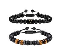 ZENGSING Perlenarmband Herren, 2 Stück Tigerauge Stein Armband Obsidian Buchstaben Armband, Verstellbare Yoga Perlen Armbänder, Partnerarmbänder mit Naturstein Perlen, Geschenk für Männer (V)