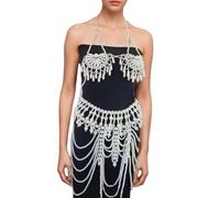 ZEPFJHE Multi Layered Perlen Quasten BH Schmuckset Mit Legierungsperlen Trendige Körperkette Für Rave Party Wear Accessoires Elegante Abs Perlen Trassels Dessel Halskette