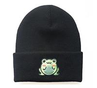 ZEPFJHE Schlichte modische Strickmütze, niedlicher Cartoon-Motiv für Frosch, Stickerei, Strickrand, Reisen, faltbar, Herbst und Winter, für Babys, mit Ohrenklappen, Froschmützen für Damen, Mützen für