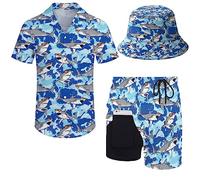 ZePinger Herren 80er Jahre Hemd und Shorts Set 80er 90er Jahre Outfit 90er Jahre Hemd Anzüge mit Bucket Hats, Sharks Tie Dye Blue, XX-Large