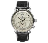 Zeppelin 100 Jahre Herrenuhr 7640-5 - Made in Germany - Edelstahl silberfarben - Champagnerfarben - Big Date - Zweite Zeitzone - Lederband schwarz - 42 mm