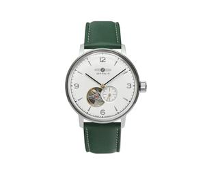 Zeppelin 8066-1_n Herrenuhr Sustainable Planet Edition - Japanisches Automatikwerk, 40mm Edelstahlgehäuse silberfarben, EcoKeramik-Zifferblatt weiß, Open Heart, recyceltes Lederband grün