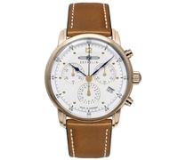 Zeppelin 9586-5 Barcelona Herren Chronograph Quarzuhr Leder 38 mm | Champagnerfarbenes Edelstahlgehäuse, Schweizer Quarzwerk, Alarm, Datum, Stoppfunktion, braunes Lederband, 5 ATM
