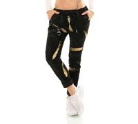 Zeralda Fashion Damen Hose Jogpants Baggy Boyfriend Freizeithose Wildleder Optik mit Goldene Effekte & Schriftzug 34-38 (DE/NL/SE/PL, Alphanumerisch, Einheitsgröße, Regular, Regular, Schwarz)