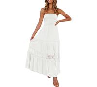 ZESICA Damen 2023 Sommer Bohemian Trägerlos Schulterfrei Spitzenbesatz Rückenfrei Flowy A Linie Strand Lang Maxikleid, Weiss/opulenter Garten, Klein