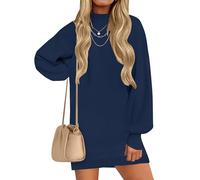 ZESICA Damen 2026 Frühling Rollkragenpullover Kleid Oversized Lange Laternenärmel Casual Strickpullover Minikleider, Marineblau, Mittel