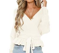 ZESICA Damen Herbst 2025 Wickel-Pullover mit V-Ausschnitt, lange Fledermausärmel, Gürtel, Taille, Rüschen, Strickpullover, Elfenbein, Groß